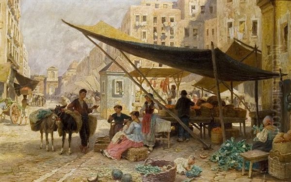 Market In Naples Oil Painting by Franz Theodor Aerni