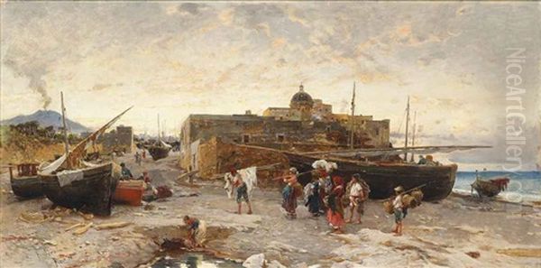 Neapolitan Fisherfolk At The End Of The Day Oil Painting by Franz Theodor Aerni