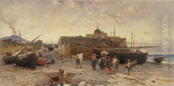 Reges Treiben Im Hafen Von Neapel, Im Hintergrund Der Vesuv Oil Painting by Franz Theodor Aerni