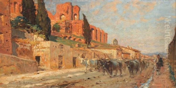 Die Via Dei Cerchi Bei Rom Mit Buffelherde Oil Painting by Franz Theodor Aerni