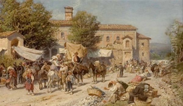 Markttreiben Vor Einem Italienischen Kloster Oil Painting by Franz Theodor Aerni