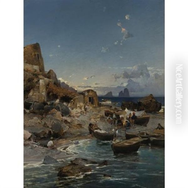 A Fishing Village On The Neapolitan Coast Oil Painting by Franz Theodor Aerni