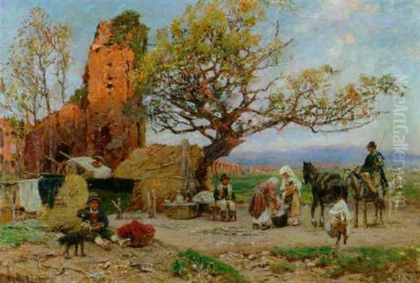 Romische Bauern Vor Der Aqua Claudia Oil Painting by Franz Theodor Aerni