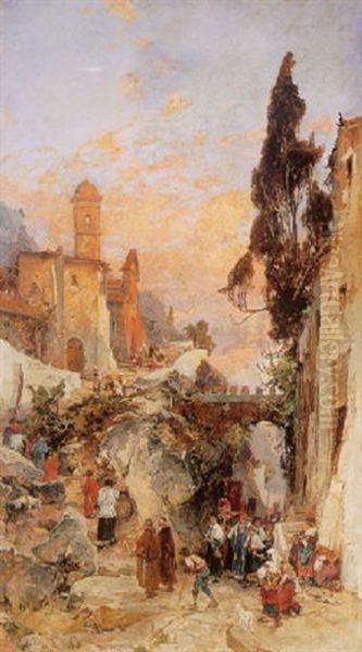 A Religious Procession Passing Through A Mountainous Italian Village Oil Painting by Franz Theodor Aerni