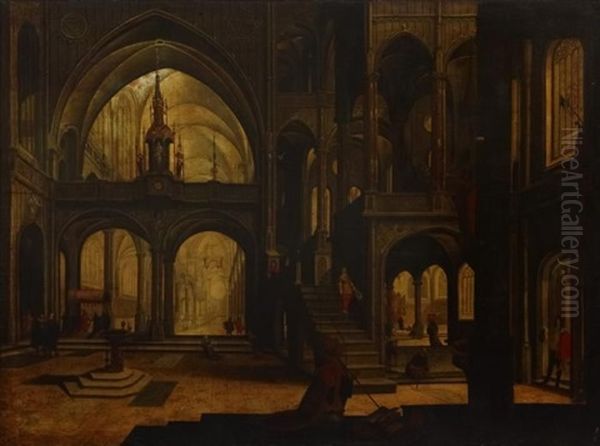 Inneres Der Lateranskirche In Rom (?) Mit Zahlreicher Figurenstaffage Und Szenen Aus Dem Leben Eines Papstes (after Johannes Londerseel) Oil Painting by Hendrick Aerts