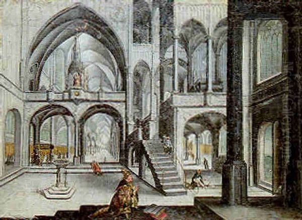 Interieur De Cathedrale Gothique Avec Le Pape Adriaen Vi En Priere Oil Painting by Hendrick Aerts