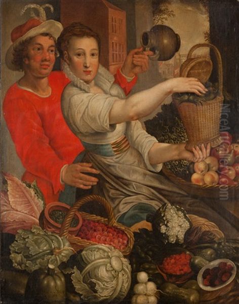 Fruchte- Und Gemusemarkt Mit Jungem Paar Oil Painting by Pieter Aertsen