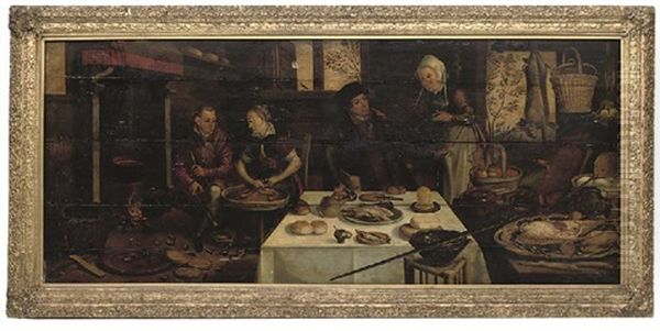 A Kitchen Interior, With A Couple At A Laid Table, A Servant Couple By The Fire Beside Them Oil Painting by Pieter Aertsen