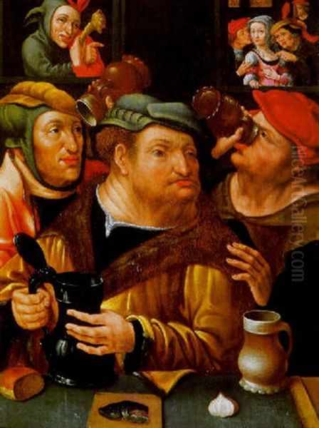 Topers In A Tavern With A Jester Looking On From A Window Oil Painting by Pieter Aertsen