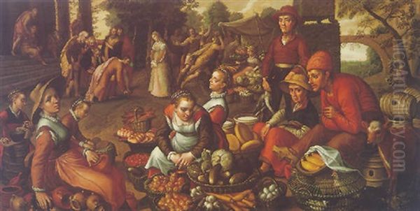 A Market Scene,with Beyond, Christ And The Woman Taken In Adultery Oil Painting by Pieter Aertsen