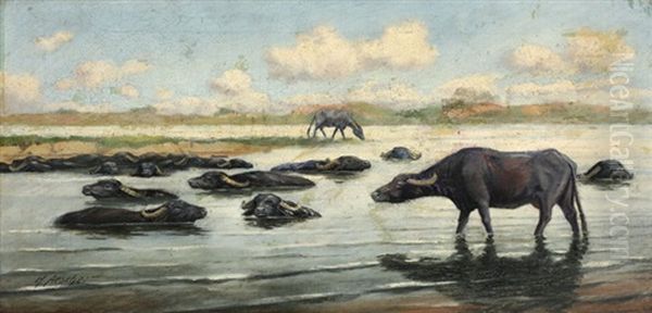 Buffalos Oil Painting by Hans Aescher