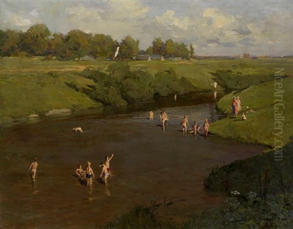 Bathing Children Oil Painting by Aleksei Fedorovich Afanas'ev