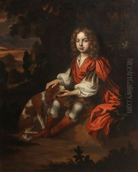 A Portrait Of A Boy, Full-length, Seated In A Woodland, His Dog By His Side Oil Painting by Charles d' Agar