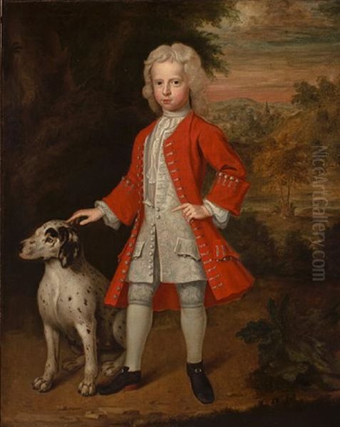 A Portrait Of A Boy In A Red Coat With His Dog Oil Painting by Charles d' Agar