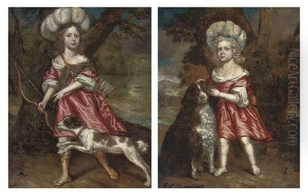 Portrait Of A Young Girl As Diana With A Dog In A Landscape, A River Beyond (+ Portrait Of A Young Girl In A Red And White Dress With A Dog; Pair) Oil Painting by Charles d' Agar