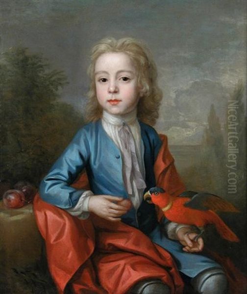 Portrait Of A Boy Feeding Plums To A Crimson Rosella Oil Painting by Charles d' Agar