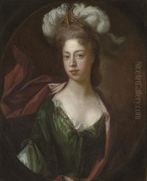 Portrait Of A Lady In Green Bejewelled Classical Dress And Red Wrap, With A Plumed Head-dress Oil Painting by Charles d' Agar