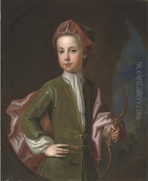 Portrait Of A Young Gentleman Of The Halsey Family, Three-quarter-length, In A Green Coat And Hat With A Pink Cloak, Holding A Bow In His Left Hand, In A Landscape, Feigned Oval Oil Painting by Charles d' Agar