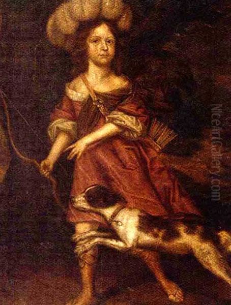 Portrait Of A Young Lady As Diana The Huntress, In A Red Dress, A Bow In Her Right Hand And A Hound By Her Side Oil Painting by Charles d' Agar