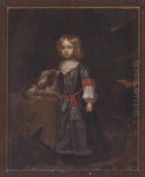 Portrait Of Sir Hugo Briggs In A Grey Dress, Holding A Bow And Arrow In His Left Hand With A Spaniel By His Side Oil Painting by Charles d' Agar