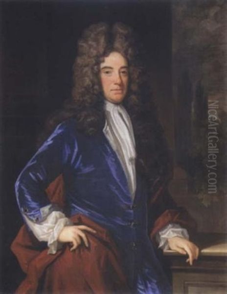 Portrait Of A Gentleman Standing, Wearing A Blue Coat And A Red Cloak, With A White Jabot Oil Painting by Charles d' Agar