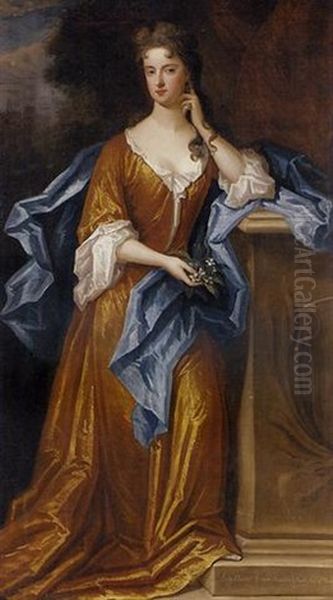 Portrait Of Lady Elizabeth Germaine, Daughter Of Charles, 2nd Earl Of Berkeley, In A Golden Dress And Blue Wrap, Holding A Sprig Of Blossom, Leaning Against A Stone Plinth, A Mansion Beyond Oil Painting by Charles d' Agar