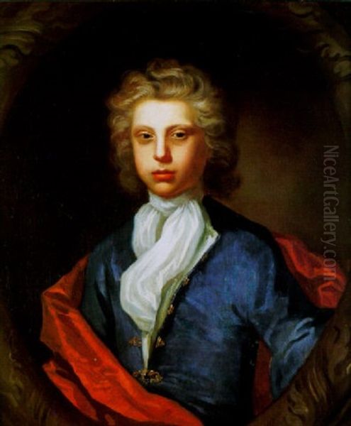 Portrait Of A Young Man, Wearing A Blue Coat, Red Cloak And White Shawl Oil Painting by Charles d' Agar