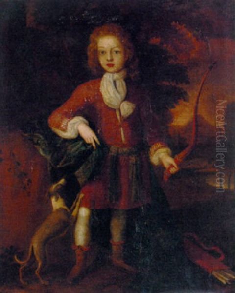 Portrait Of A Boy, In A Brown Coat And Blue Cloak, Holding A Bow, A Dog At His Side, In A Landscape Oil Painting by Charles d' Agar