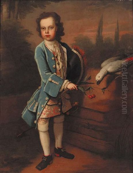 Portrait Of A Boy In A Blue Velvet Coat, Embroidered Waistcoat And Breeches Oil Painting by Charles d' Agar