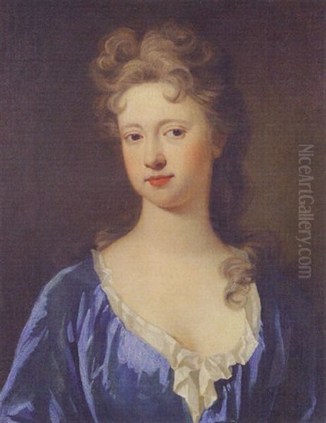 Portrait Of A Lady Wearing A Blue Dress Oil Painting by Charles d' Agar