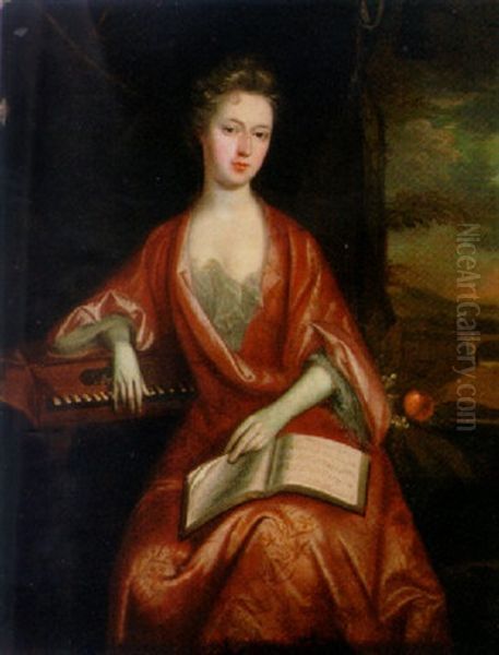 Portrait Of A Lady In A Red Dress, Rsting Her Arm On A Herpsichord, With A Book Of Sheet Music On Her Lap Oil Painting by Charles d' Agar