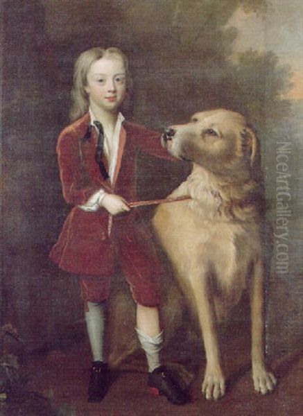 Portrait Of A Boy, Wearing A Red Velvet Suit, Standing Beside A Mastiff In A Wooded Landscape Oil Painting by Charles d' Agar