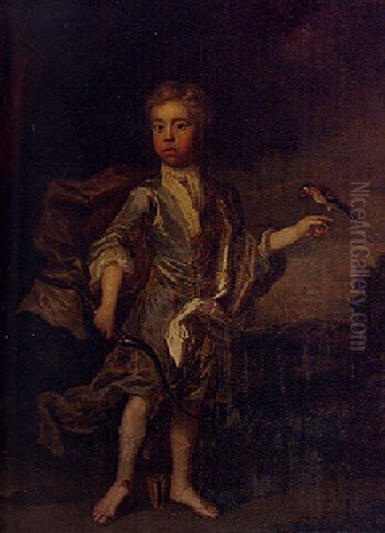 Portrait Of A Boy, Standing Full-length, A Finch On His Finger, And Holding A Bow Oil Painting by Charles d' Agar