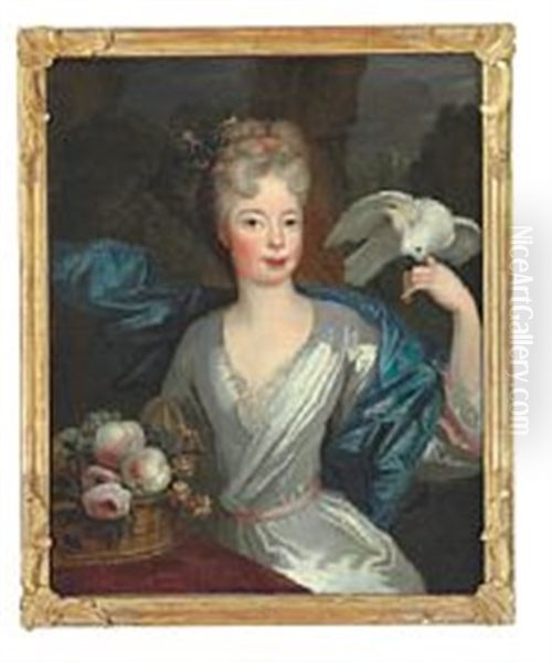 Portrait Of A Noblewoman In A White Dress And A Blue Taffeta Shawl Oil Painting by Jacques (Jacob) d' Agar