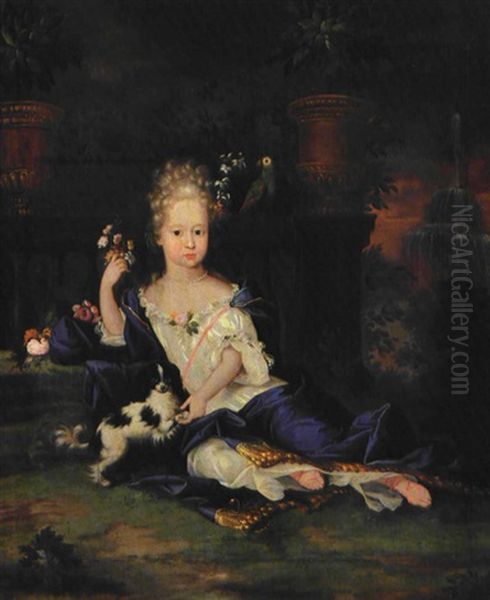 De Lille Adelsfroken Sidder Pa En Terrasse Med Sin Charmerende Cavalier King Charles Spaniel Oil Painting by Jacques (Jacob) d' Agar