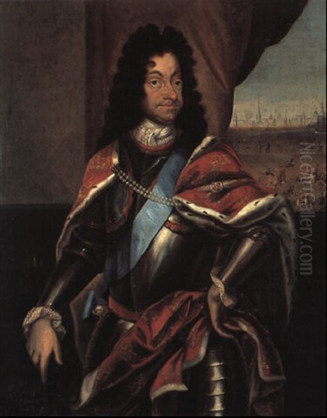 Portraet Af Christian V I Rustning I Baggrunden Ryttere Og By Oil Painting by Jacques (Jacob) d' Agar