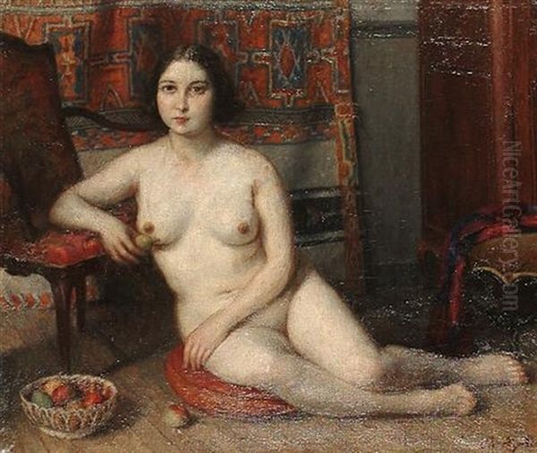 Female Nude Seated On A Cushion Beside A Bowl Of Fruit Oil Painting by Charles-Jean Agard