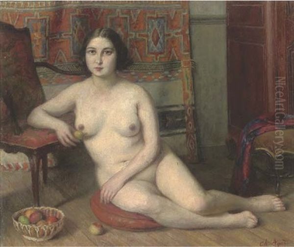 A Seated Female Nude In An Interior Beside A Bowl Of Apples by Charles-Jean Agard