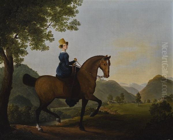 Portrait Of A Lady On A Horse, A Mountainous Landscape Beyond Oil Painting by Jacques-Laurent Agasse