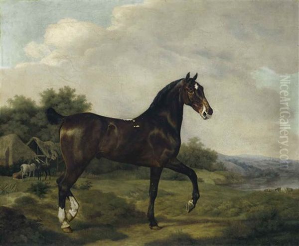 A Dark Bay Hunter In An Extensive Landscape, Horses And Cattle Beyond Oil Painting by Jacques-Laurent Agasse