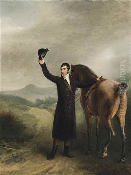 Portrait Of Calmady Hamlyn  In A Black Coat And Breeches, With His Horse, A View Of Yes Tor In Dartmoor Beyond Oil Painting by Jacques-Laurent Agasse