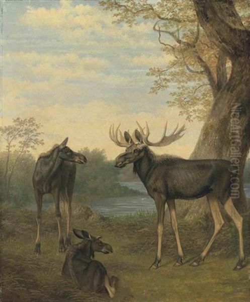 Elk In A River Landscape Oil Painting by Jacques-Laurent Agasse