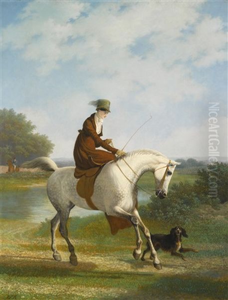 An Equestrienne On A Grey Hunter Accompanied By Her Spaniel In A River Landscape (possibly A Member Of The Powles Family) Oil Painting by Jacques-Laurent Agasse