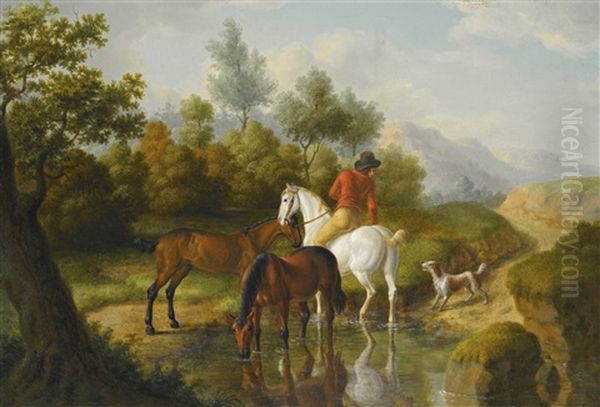 A Gentleman With Horses By A Stream Oil Painting by Jacques-Laurent Agasse