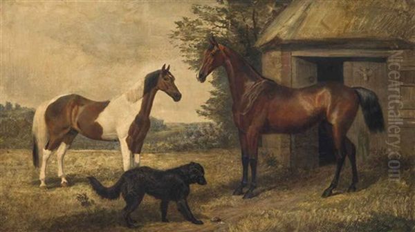 Two Bay Hunters And A Dog Outside A Stable Oil Painting by Jacques-Laurent Agasse