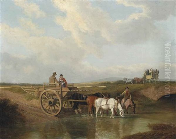 A Landscape With A Cart At A Ford, With Horses Watering, A Coach Beyond Oil Painting by Jacques-Laurent Agasse