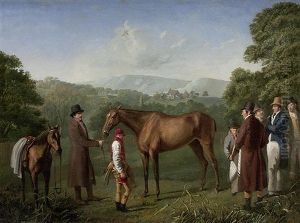 A Bay Racehorse Held By A Trainer Oil Painting by Jacques-Laurent Agasse