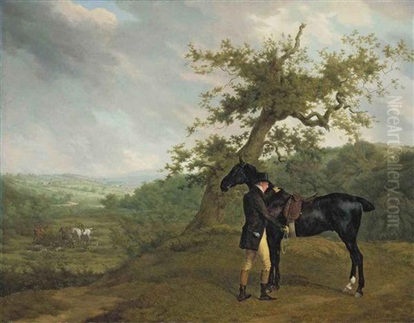 George Irving With His Black Hunter Beneath A Blasted Oak, Hounds Being Put Into A Covert Beyond Oil Painting by Jacques-Laurent Agasse