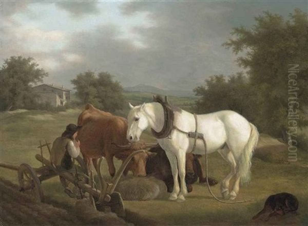 A Rural Landscape With A Plowman Resting With His Gray Horse, Cattle And Dog Oil Painting by Jacques-Laurent Agasse