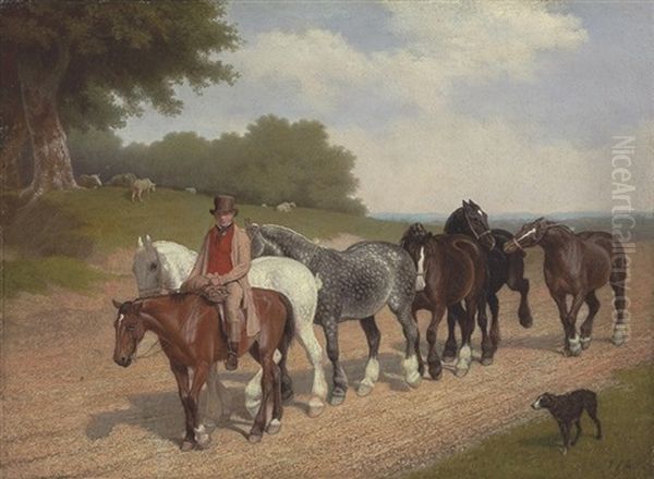 A Groom With A String Of Carthorses And A Dog, On A Country Road Oil Painting by Jacques-Laurent Agasse